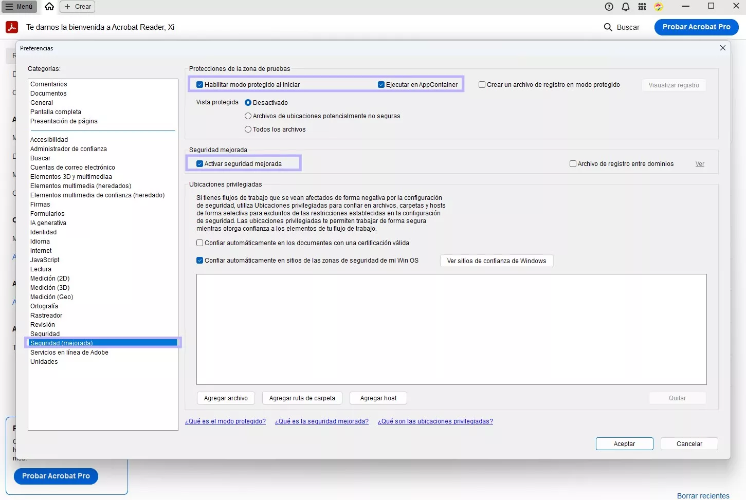 Desactivar la configuración de seguridad en Adobe