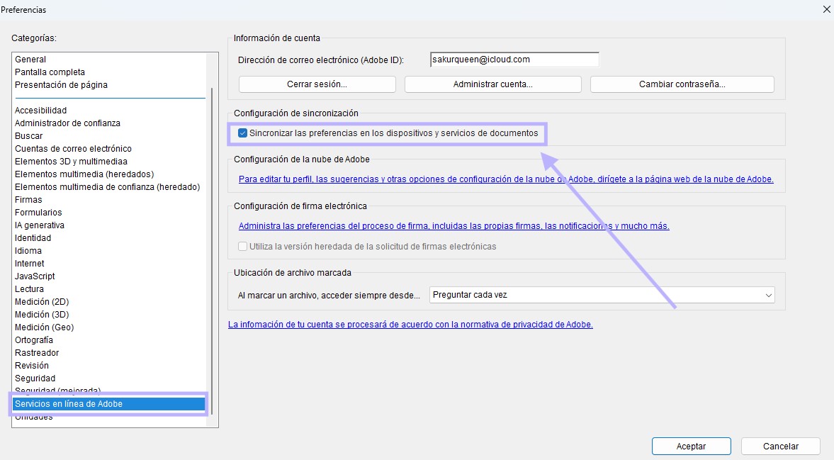 Desactivar la sincronización de preferencias entre dispositivos y los servicios de documentos