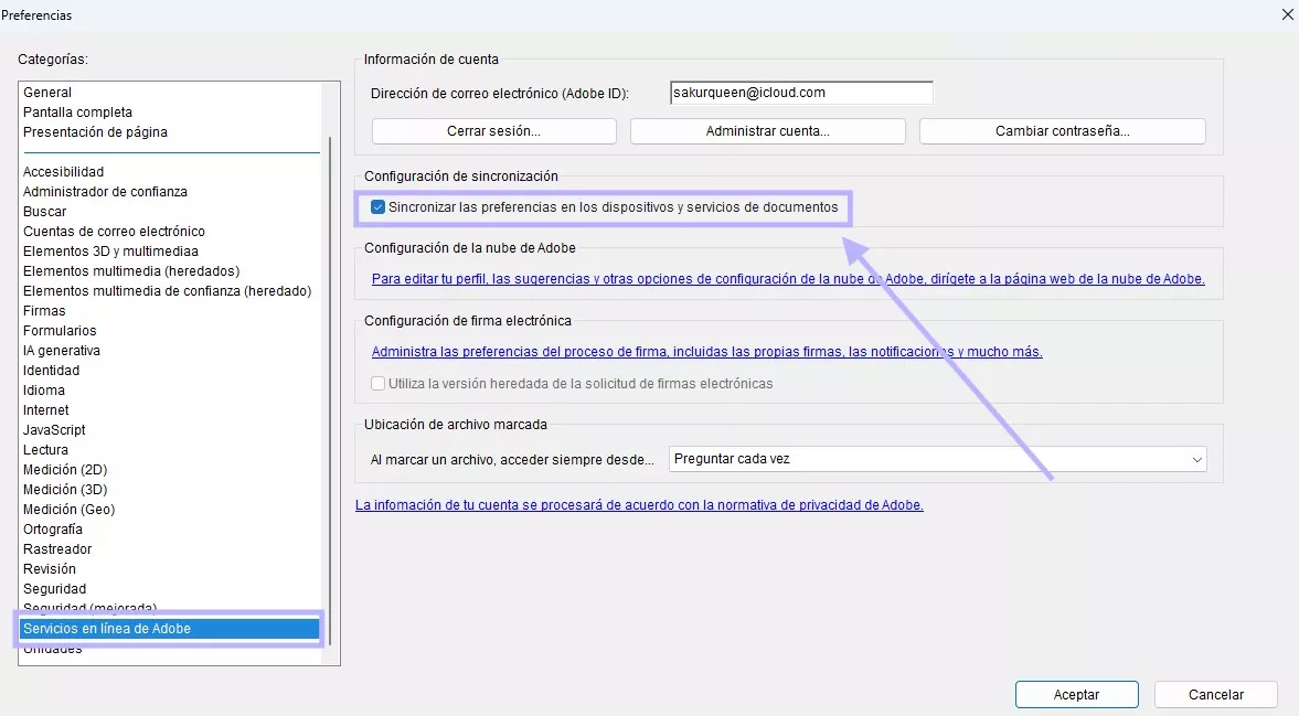 Desactivar la sincronización de preferencias entre dispositivos y los servicios de documentos