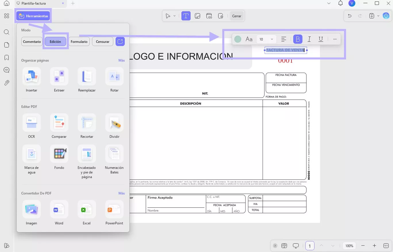Editar texto de factura en UPDF en Windows