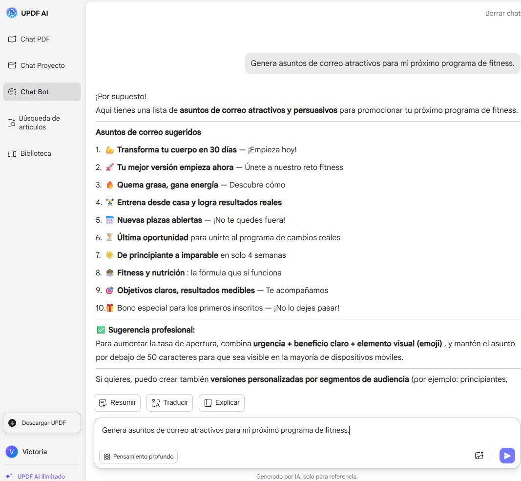 Generar asunto de correo updf ai online