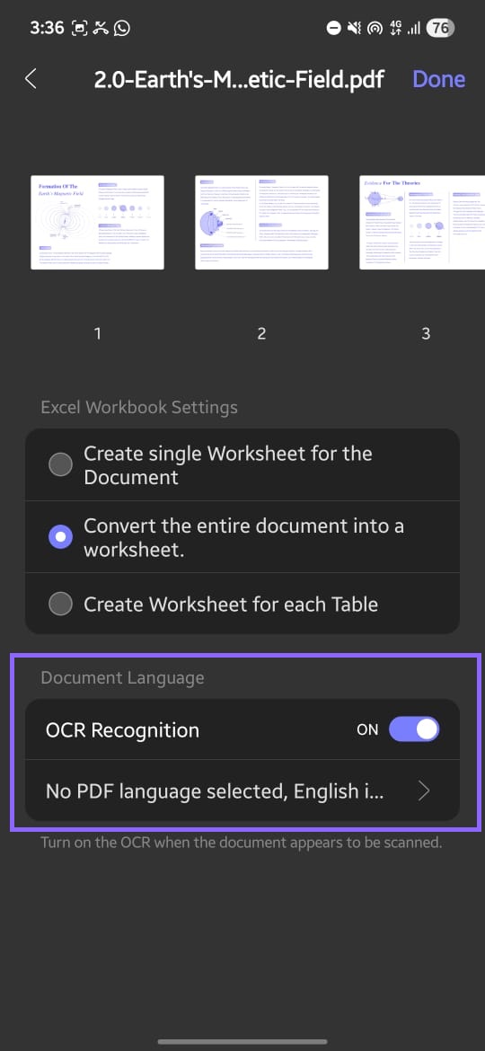 enable ocr and select language when pdf to excel updf android