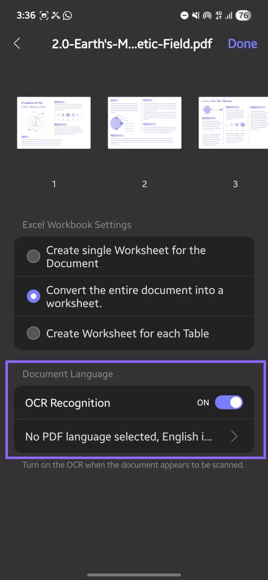 enable ocr and select language when pdf to excel updf android