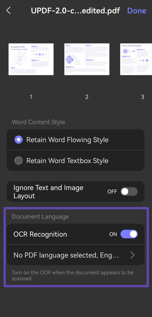 enable ocr and select language updf android