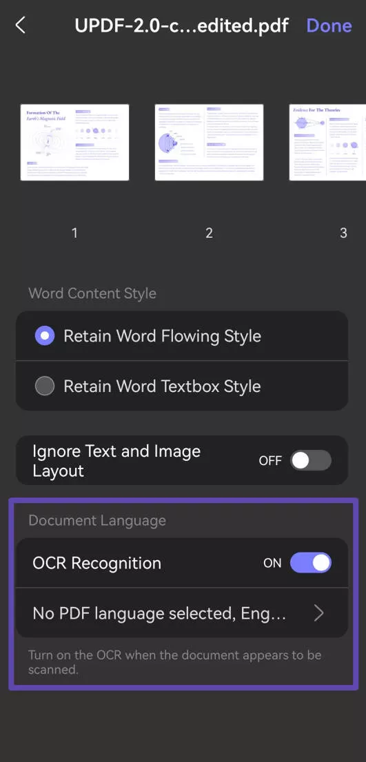 enable ocr and select language updf android