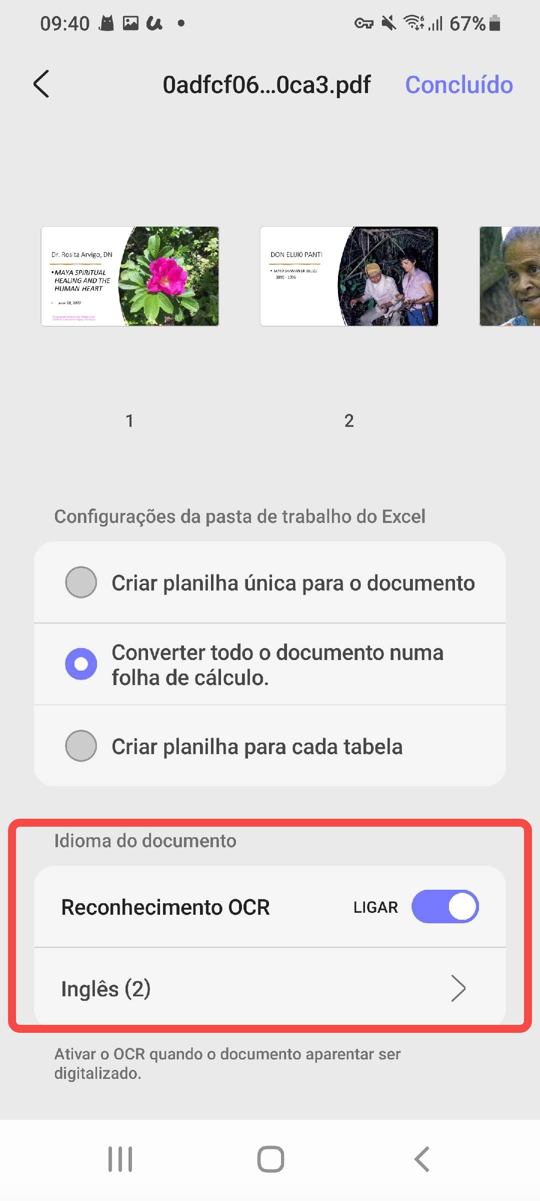 habilitar ocr e selecionar idioma ao converter pdf para excel updf android