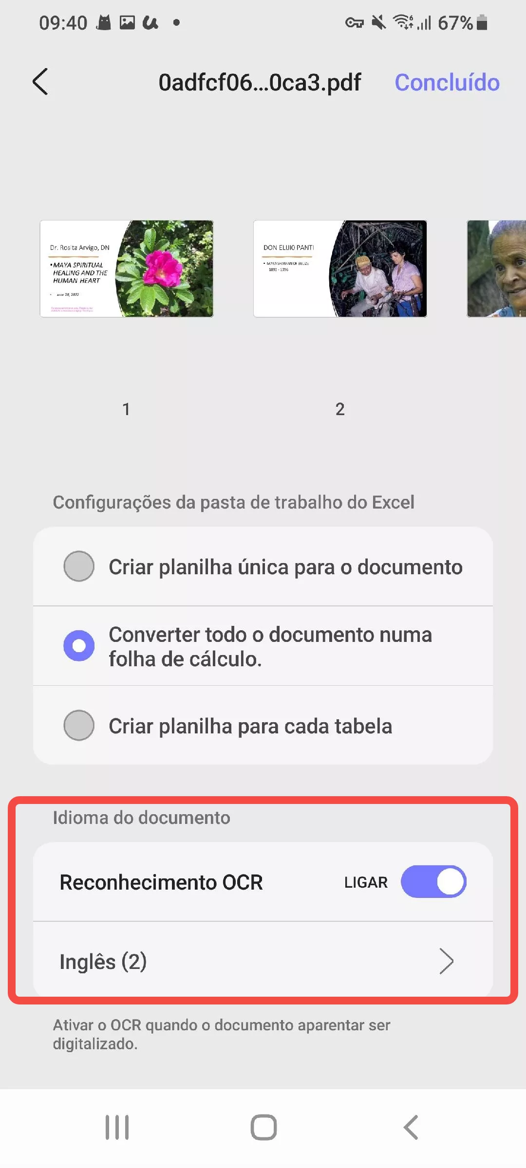 habilitar ocr e selecionar idioma ao converter pdf para excel updf android