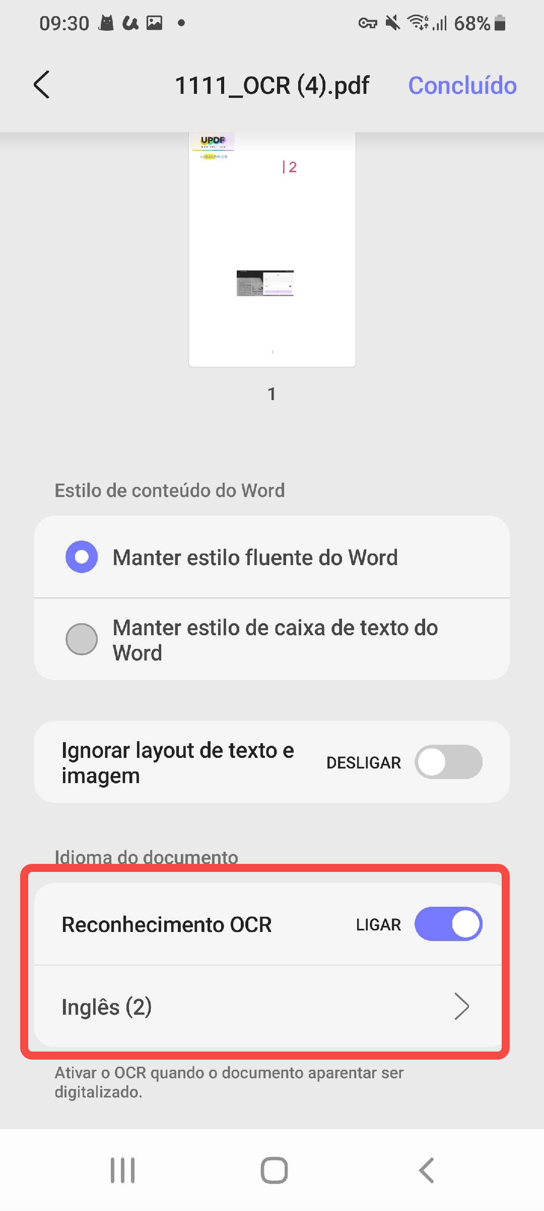 enable ocr and select language updf android