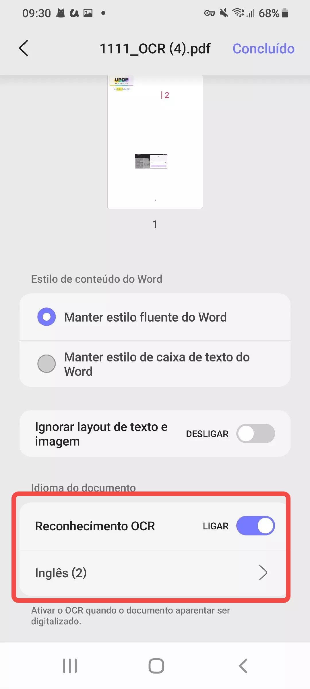 enable ocr and select language updf android