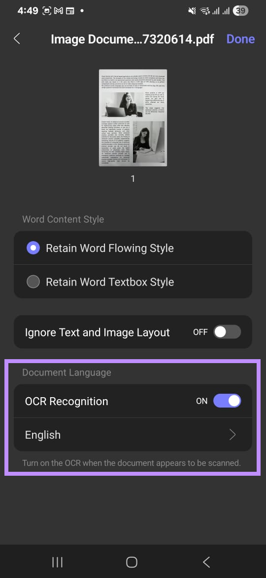 enable ocr recognition and choose a language updf android