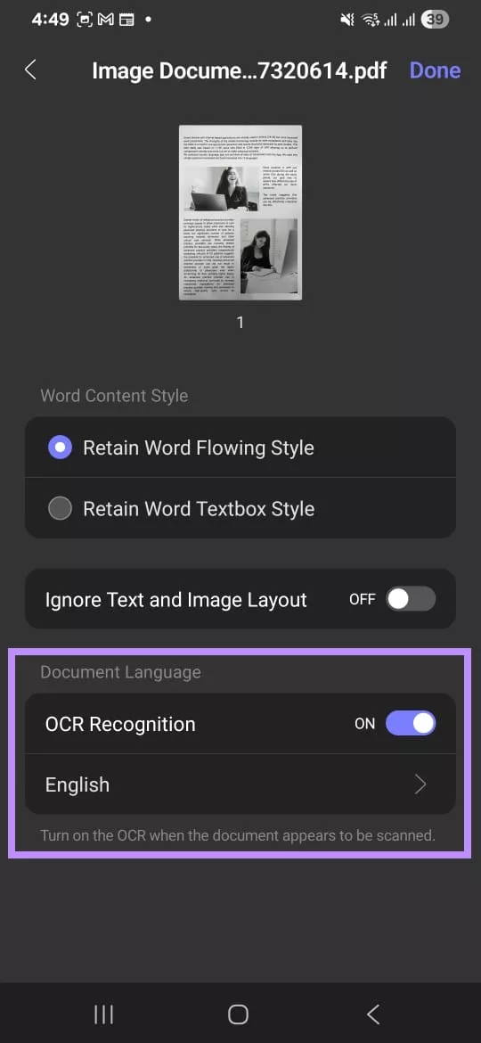 enable ocr recognition and choose a language updf android