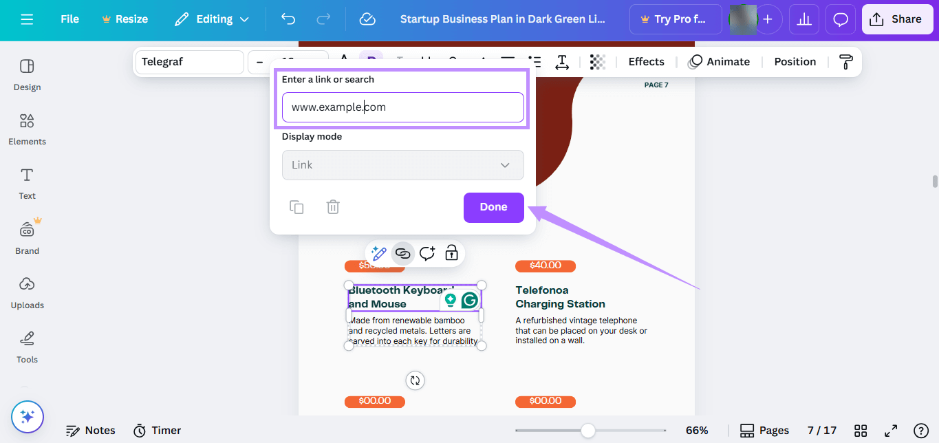 Alt-text: enter a website link to pdf and click done canva