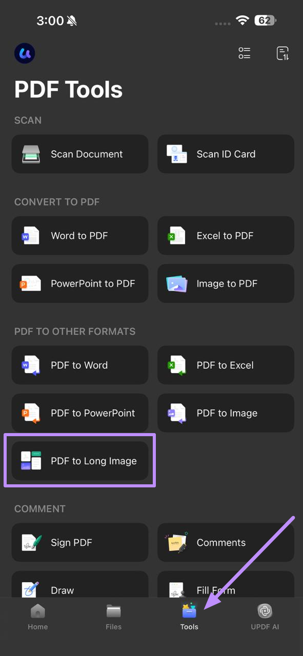 enter the pdf to long image feature updf ios