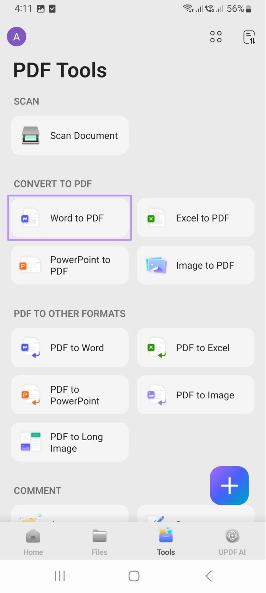  enter word to pdf and import files updf android