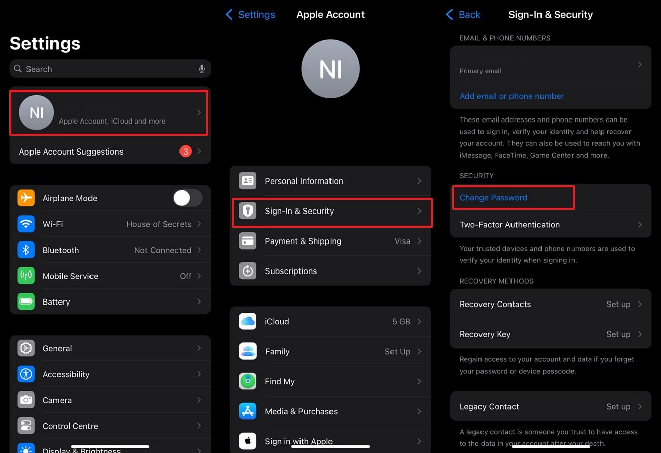 select change password option