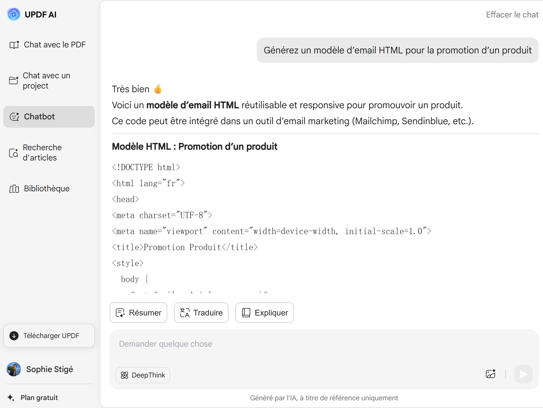 Générer des codes HTML en ligne avec UPDF AI