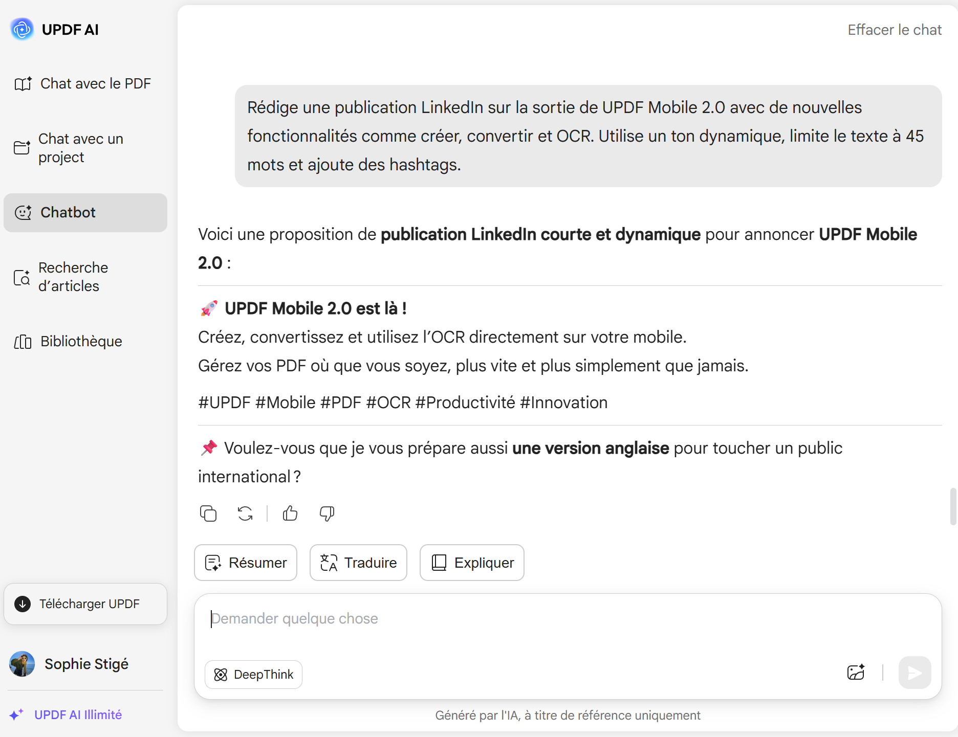 Générer une publication LinkedIn avec UPDF AI en ligne