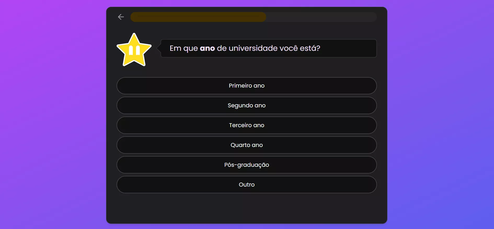 escolha o nome da sua universidade e o ano acadêmico atual