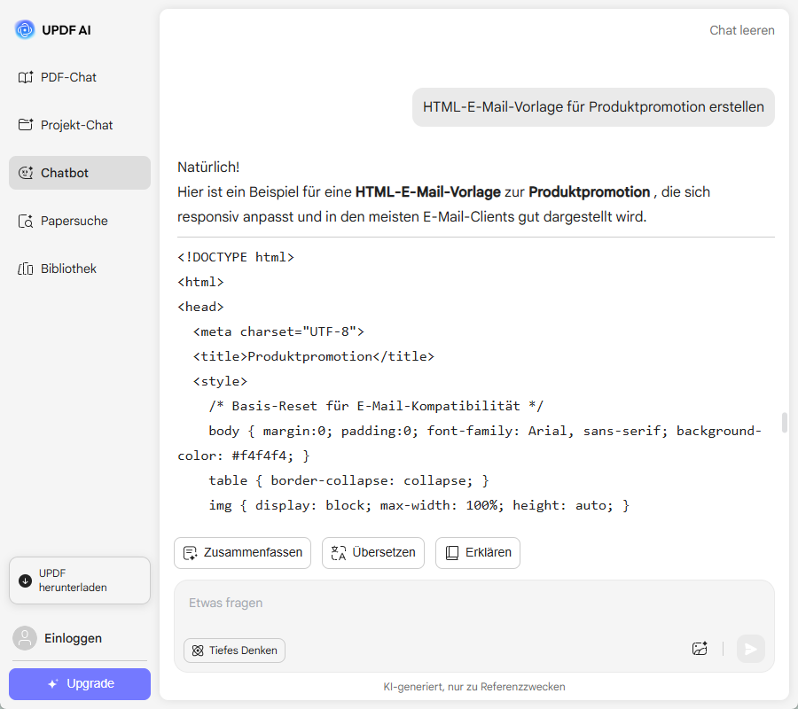 HTML-Codes online mit UPDF AI generieren