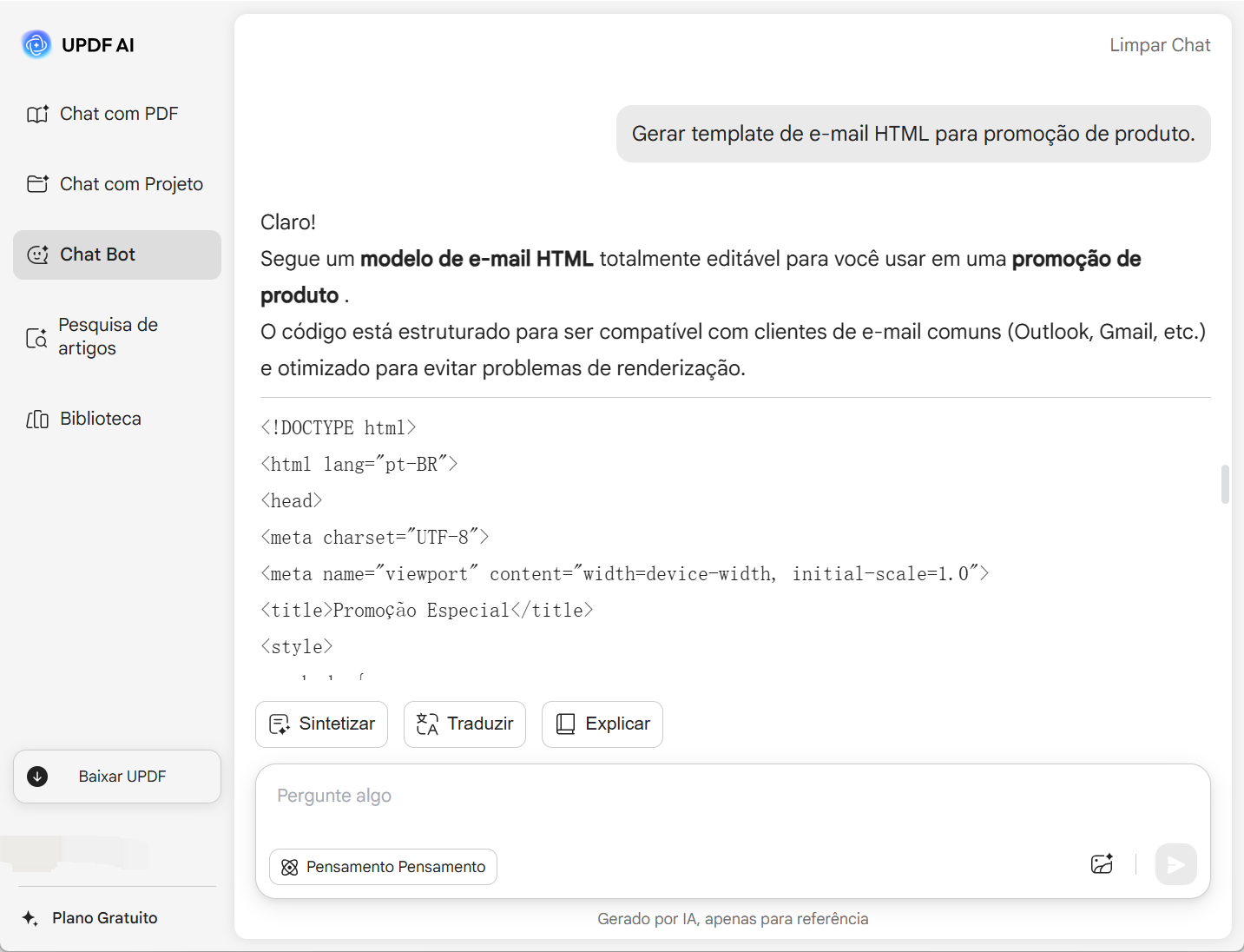 Gerar Códigos HTML UPDF AI Online