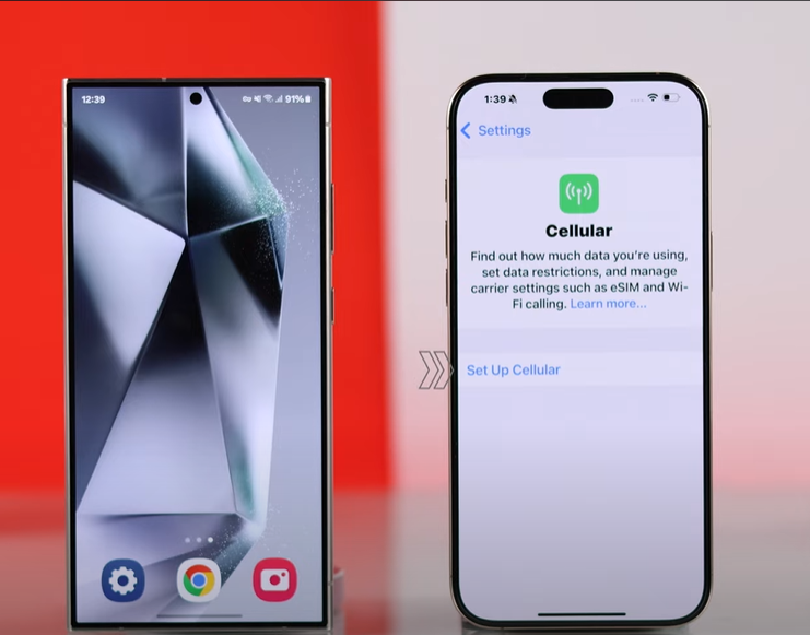 iPhone settings menu showing Cellular option with Set Up Cellular highlighted for eSIM transfer