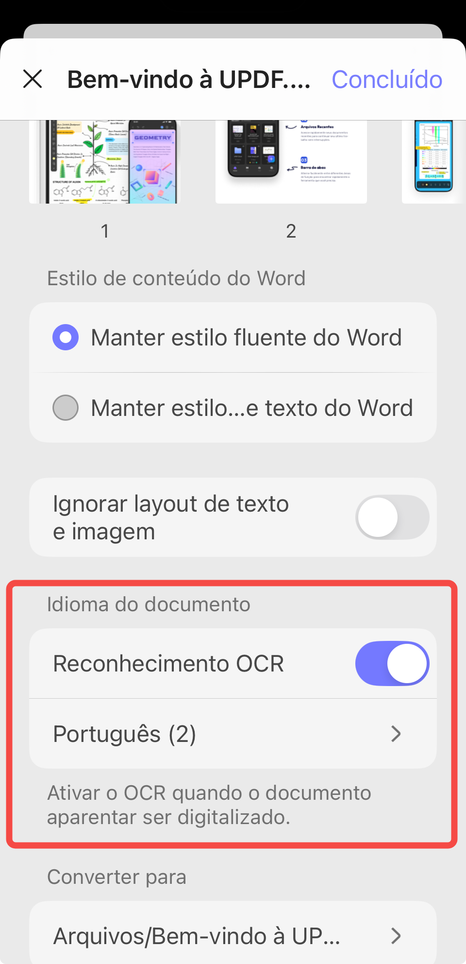 idioma do documento