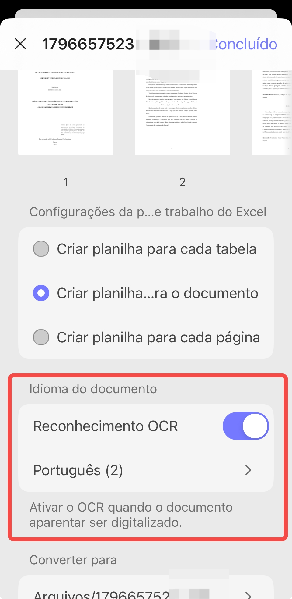 idioma do documento