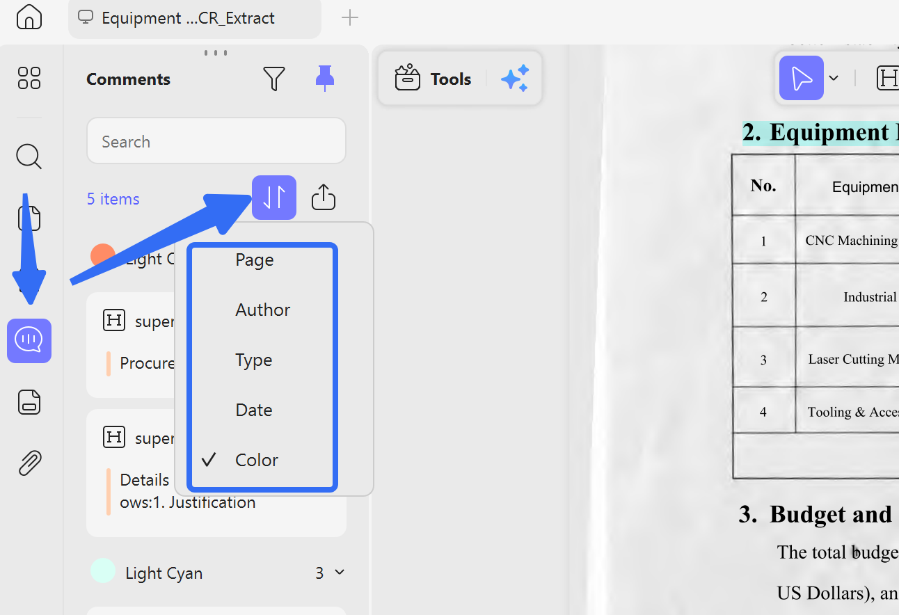 filter highlights on pdf