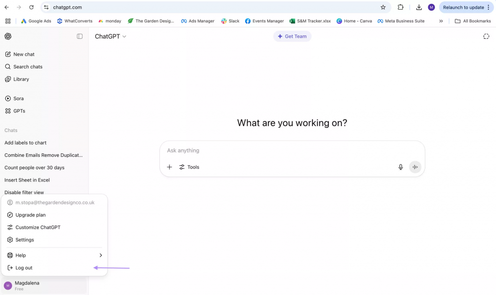 登出並重新登入 ChatGPT