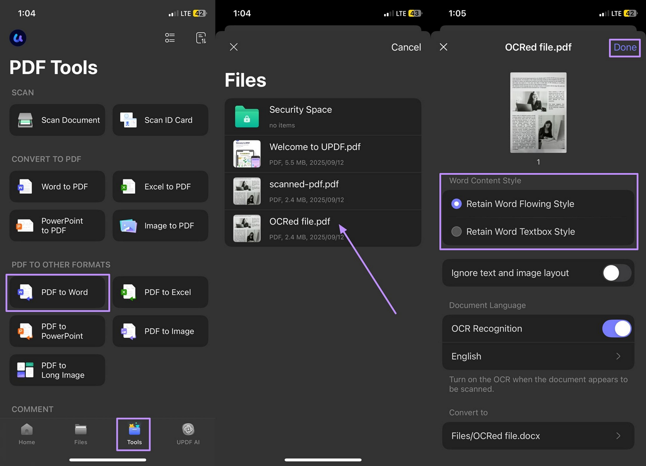 import ocred file and convert updf ios