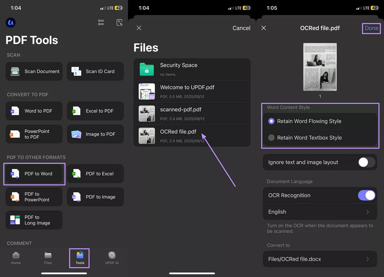 import ocred file and convert updf ios