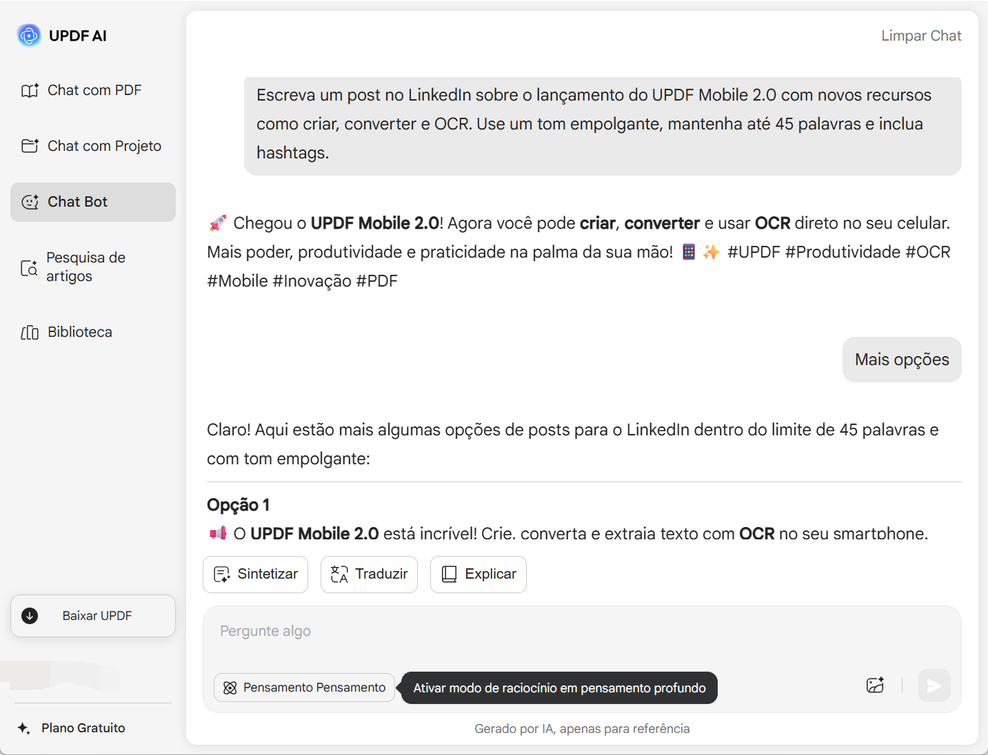 Gerar post LinkedIn UPDF AI online