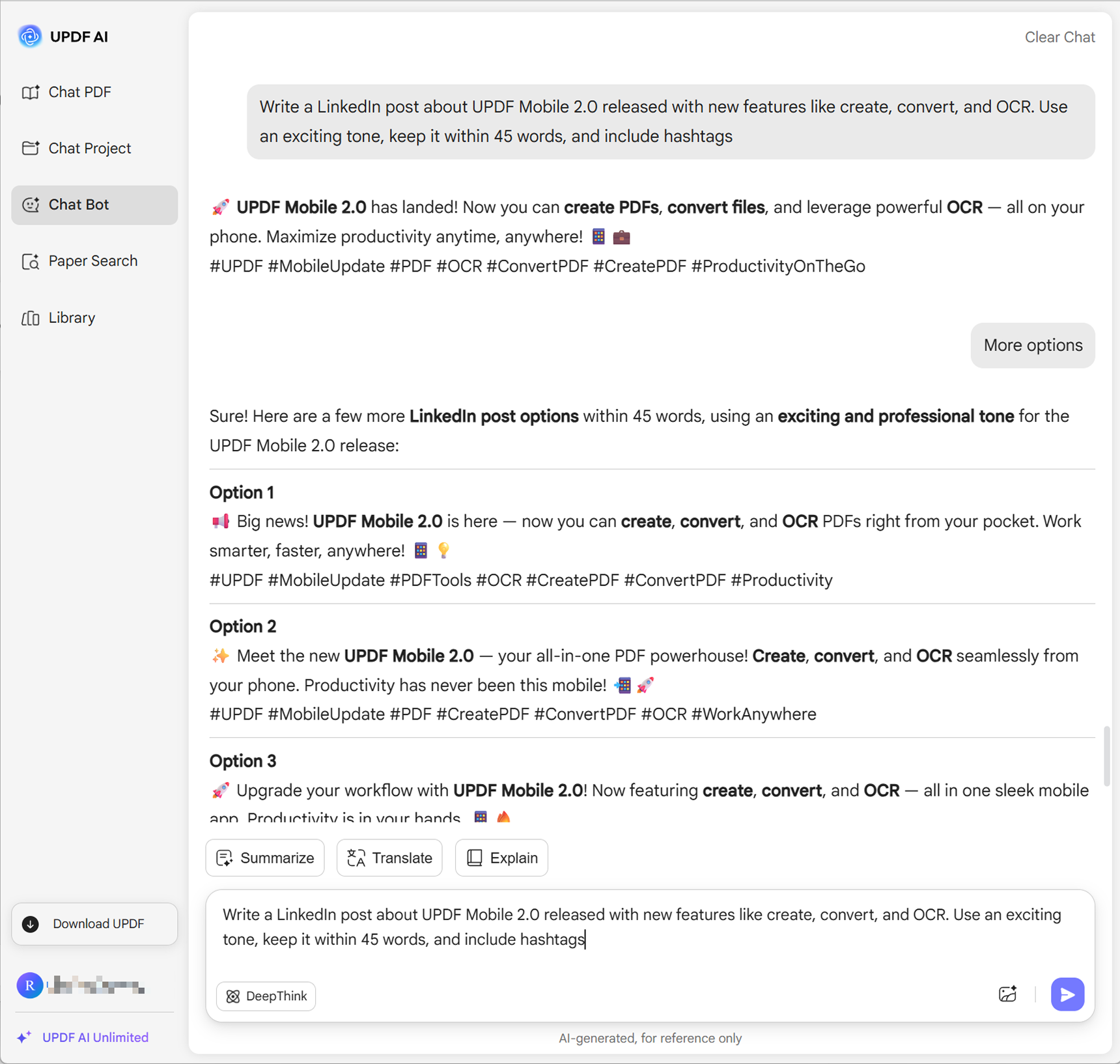 Generování příspěvku LinkedIn UPDF AI online