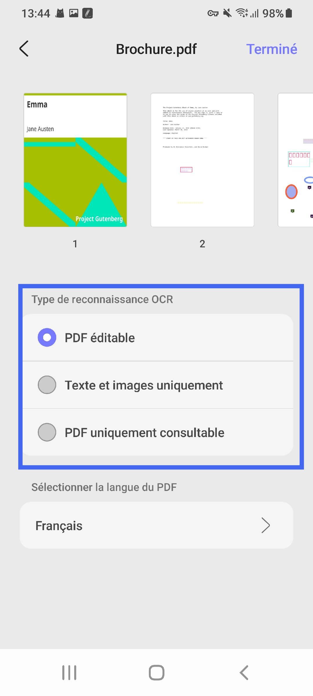 sélectionner le type de reconnaissance OCR updf android