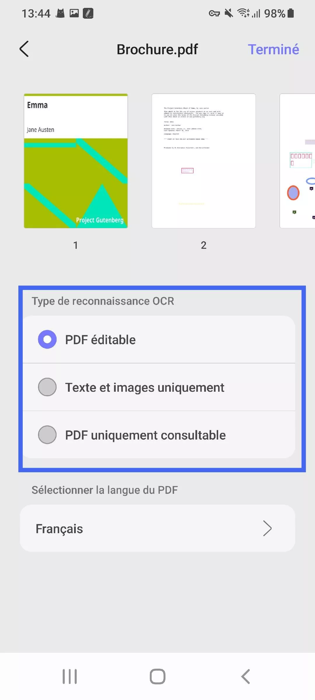 sélectionner le type de reconnaissance OCR updf android