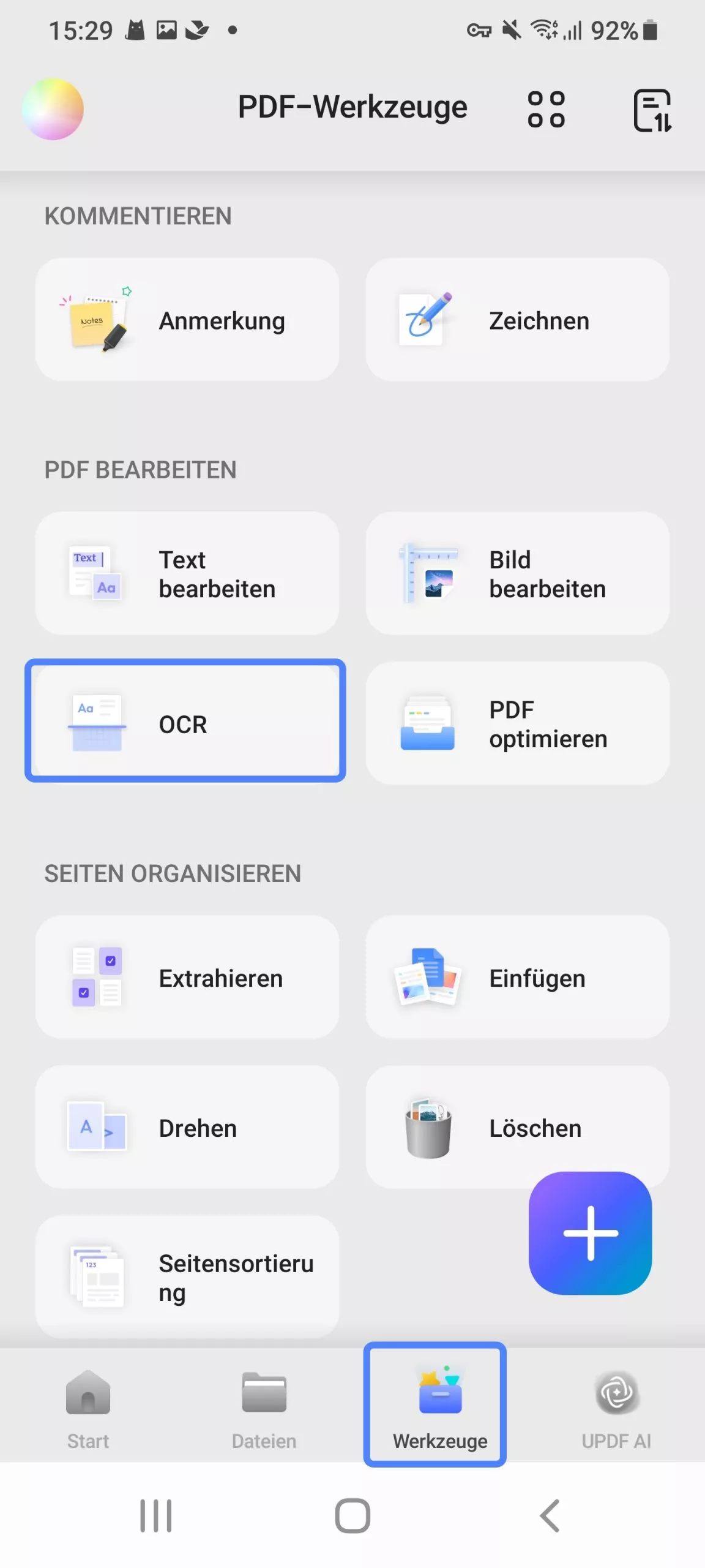 Öffnen Sie die OCR-Funktion updf Android