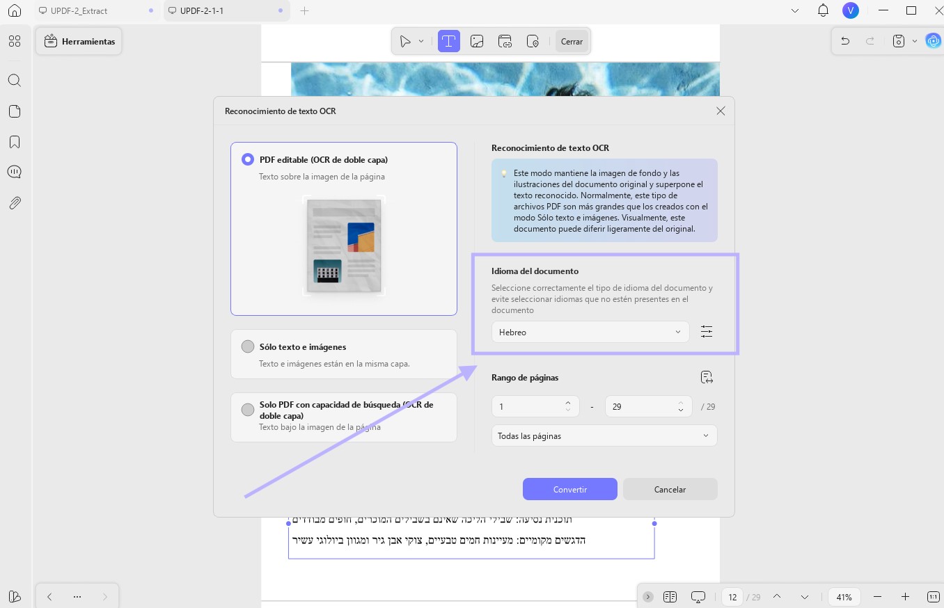 Realizar OCR a un PDF escaneado en hebreo con UPDF en Windows