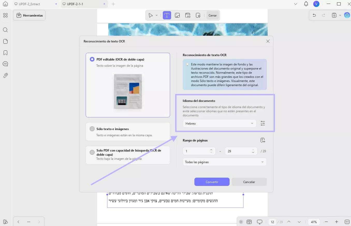 Realizar OCR a un PDF escaneado en hebreo con UPDF en Windows