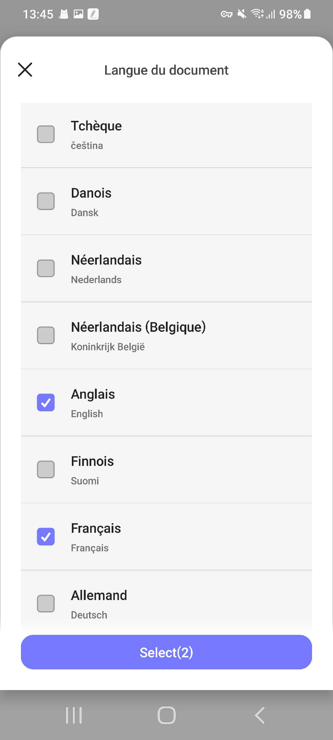 sélectionnez la langue du document updf android