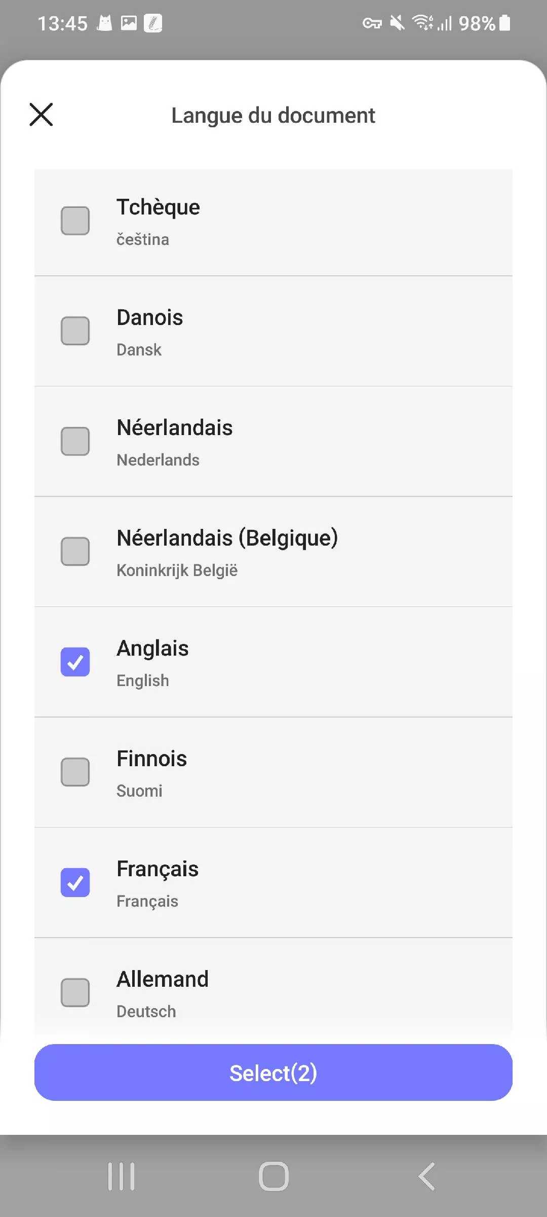 sélectionnez la langue du document updf android
