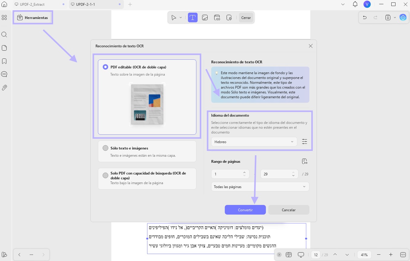 PDF en hebreo escaneado por OCR con UPDF en Windows