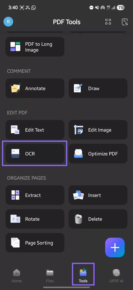 open the ocr feature updf android