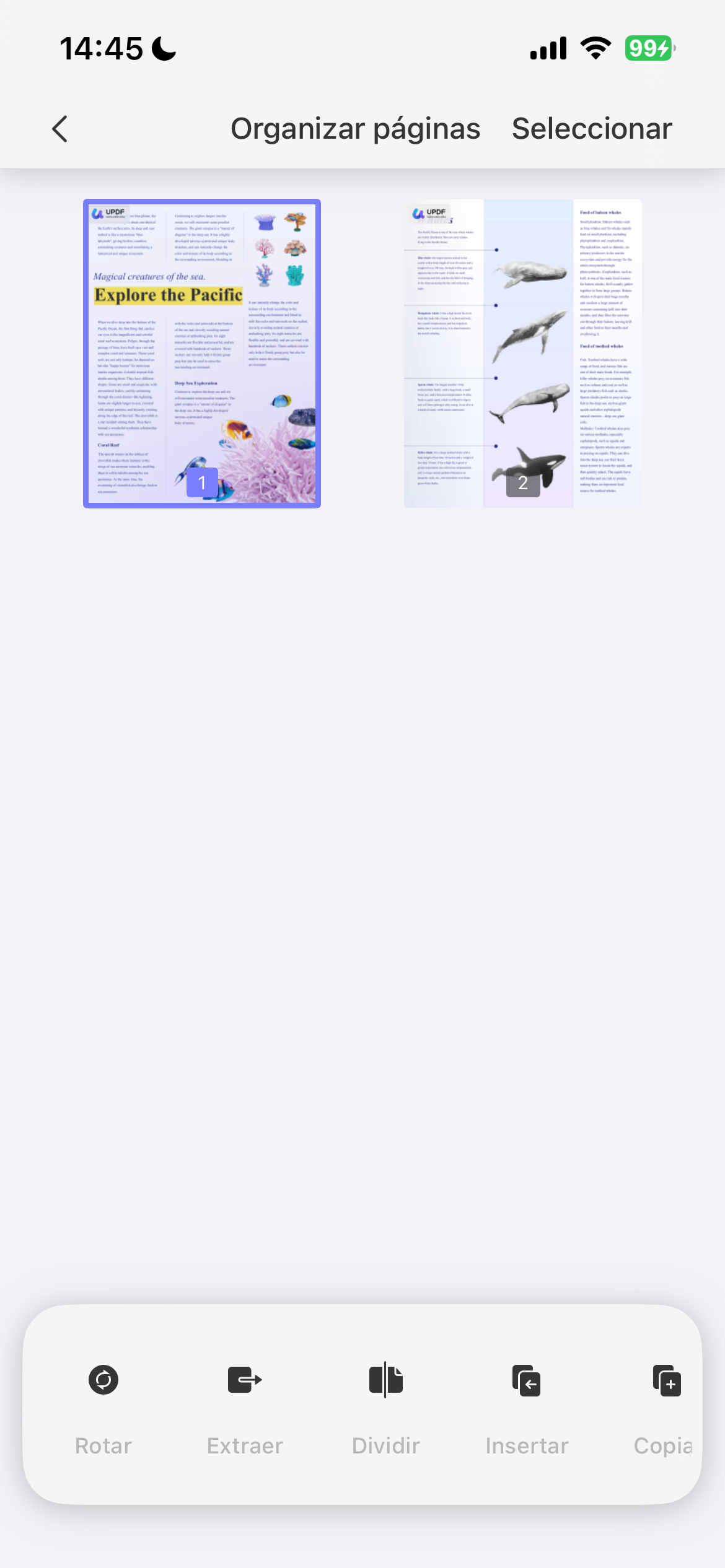 Organizar páginas PDF con UPDF para iOS