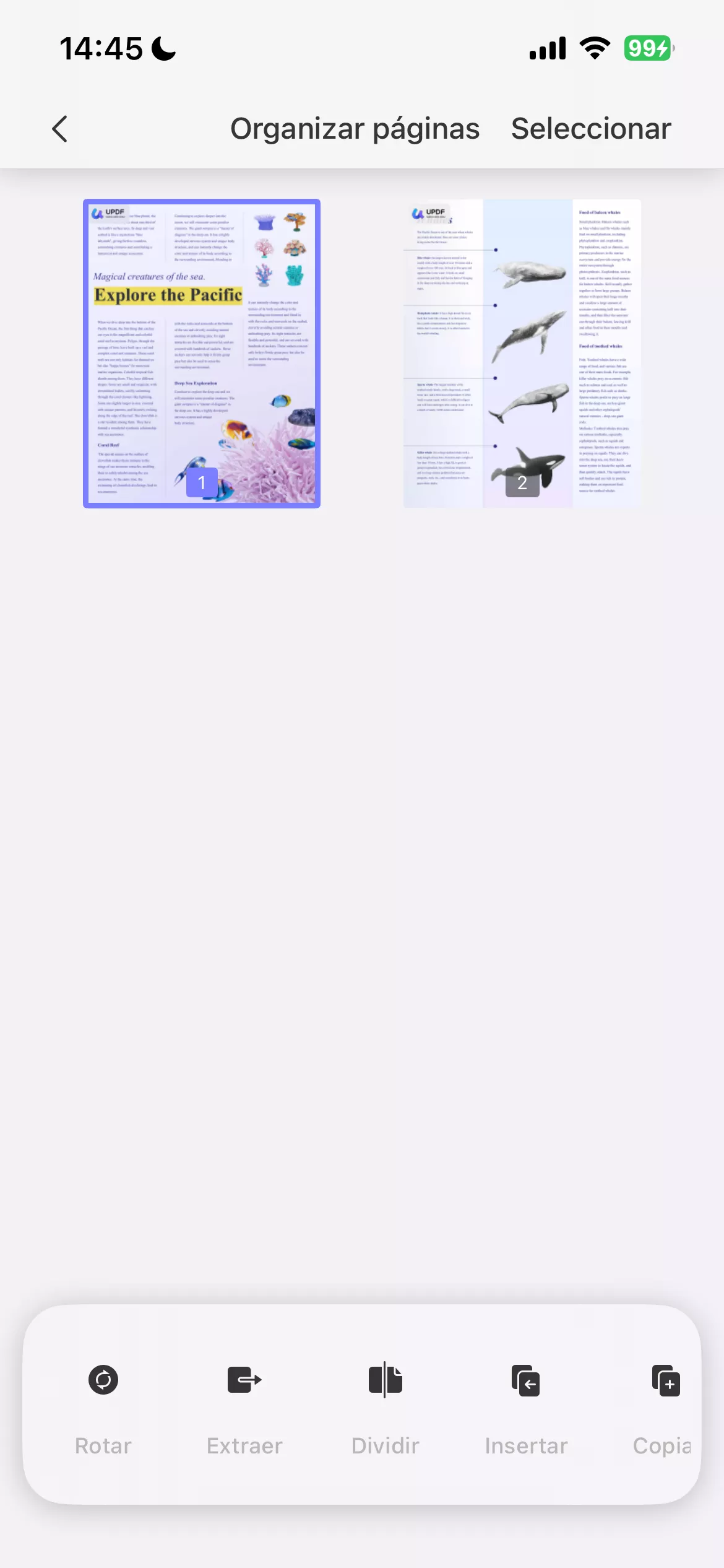 Organizar páginas PDF con UPDF para iOS