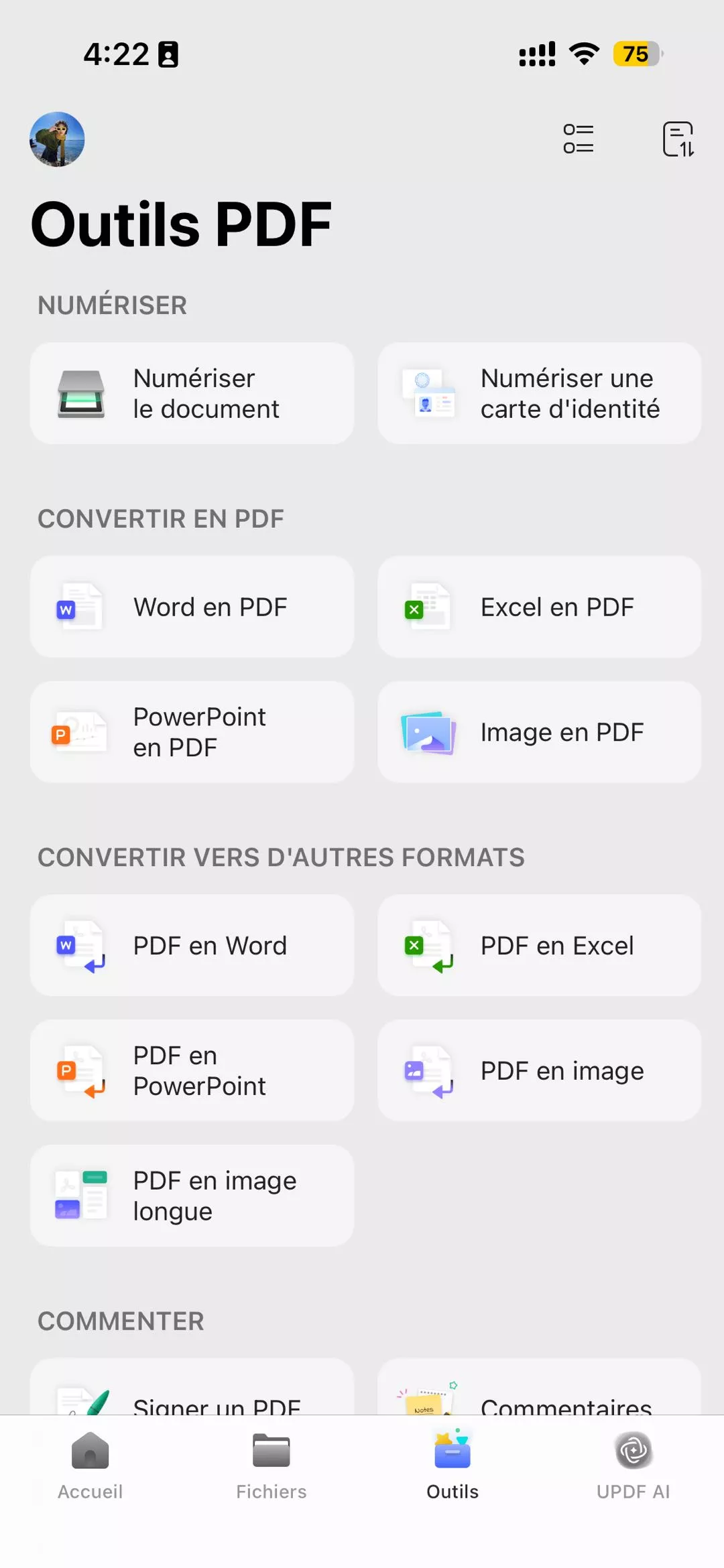 fonctionnalité de conversion mobile updf