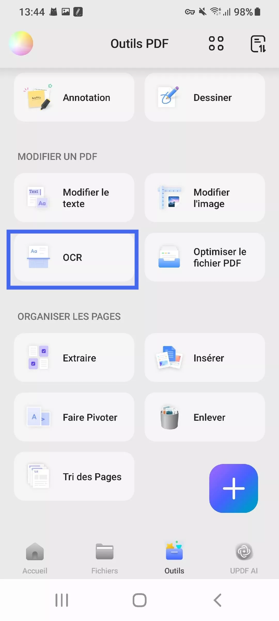 ouvrir la fonction ocr updf android