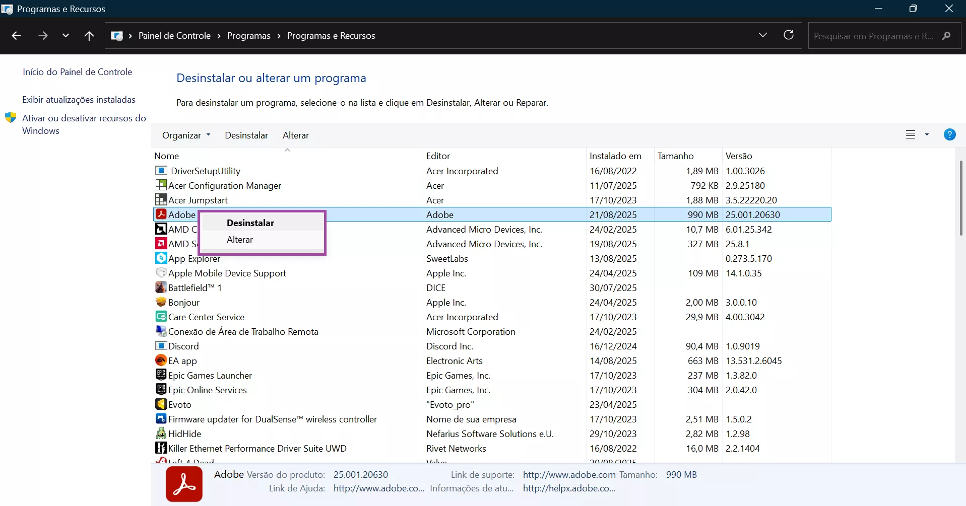 desinstalar e baixar a versão de 64 bits do acrobat