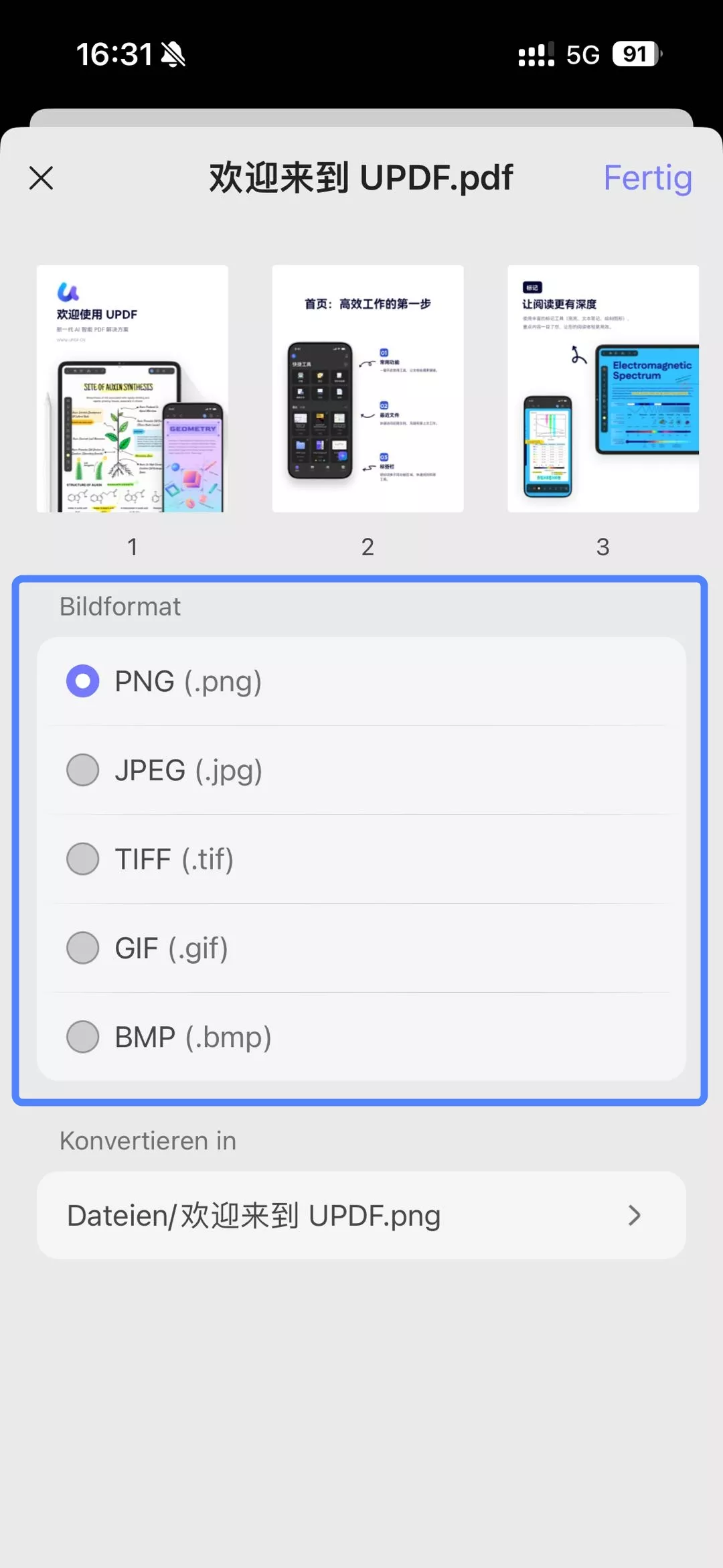 tippen Sie auf „PDF in langes Bild“