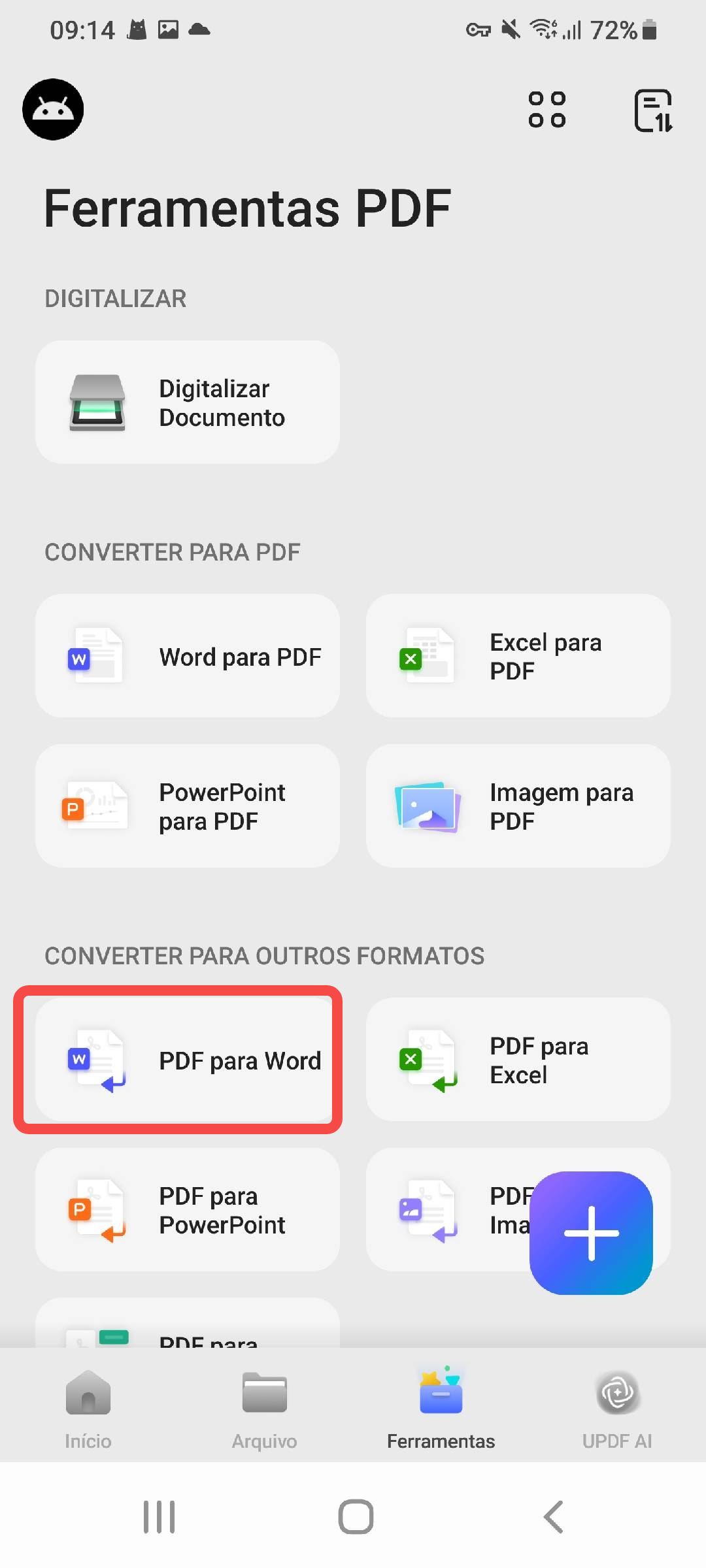 selecionar pdf para word updf android