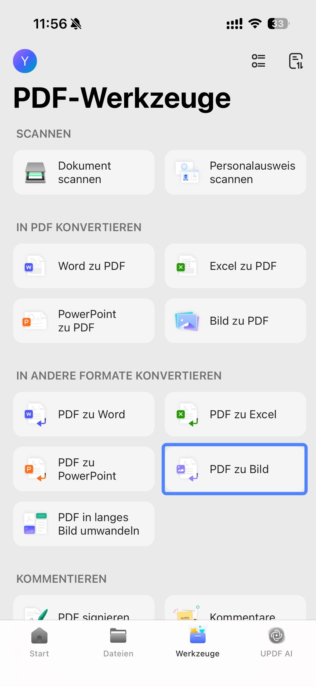 Klicken Sie auf „Werkzeuge“ und tippen Sie auf „PDF in Bild“
